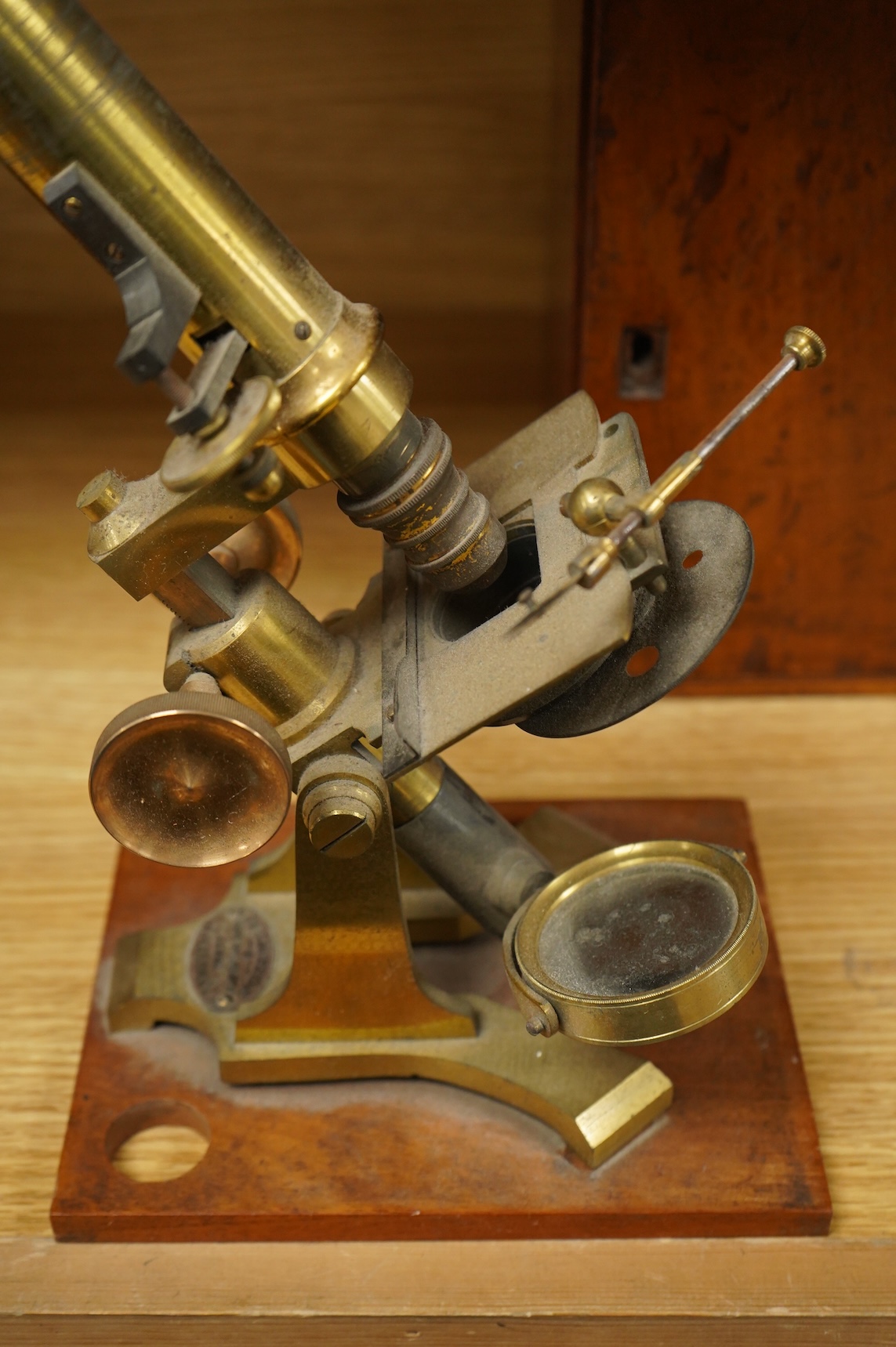 A late 19th century lacquered brass spectroscope, in three sections , by John Brown, 63, Strand, London, mahogany cased; 19 x 13.5 x 7cm